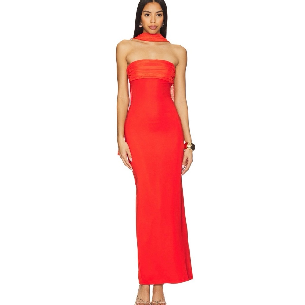 Red strapless dress with scarf